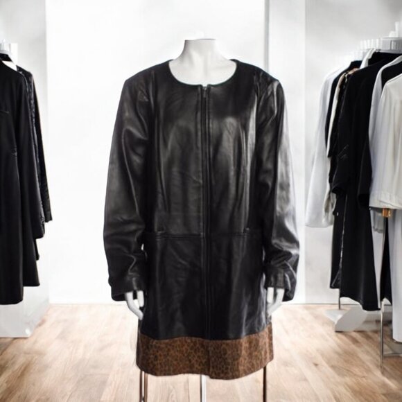 Neiman Marcus Black Leather Zip-Up Coat Leopard Print Hem Womens Outerwear 1X - Picture 5 of 9
